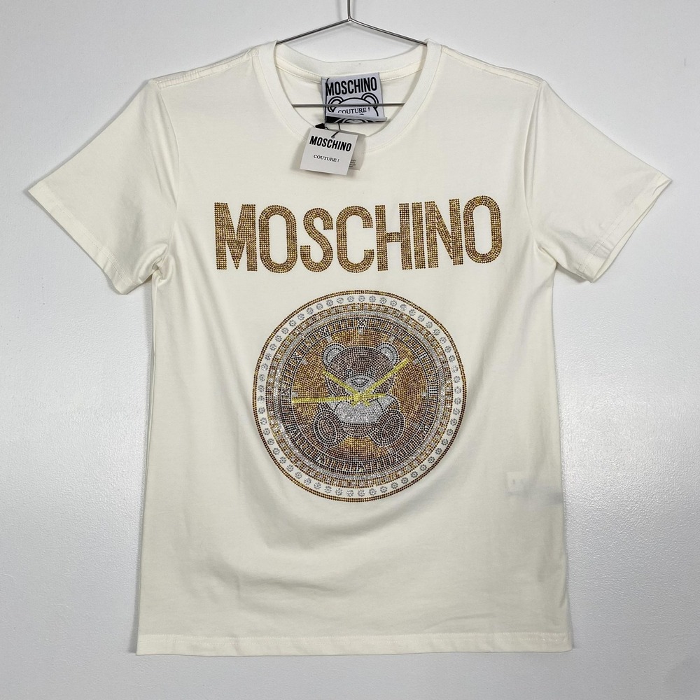 NWT Moschino TShirt Womens Small Cream Rhinestone Teddy Bear Short Sleeve Top